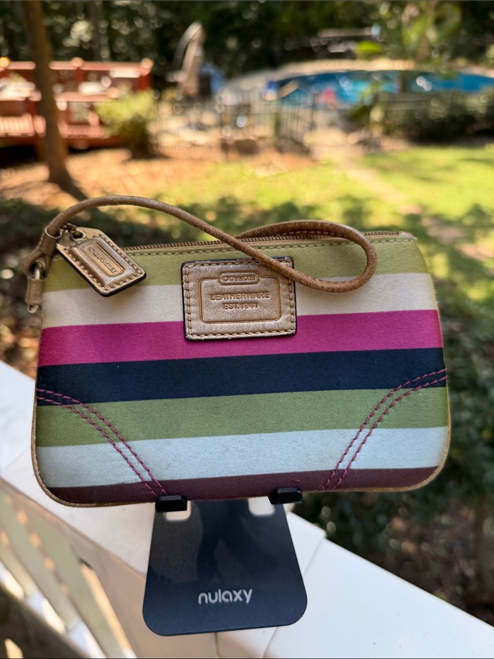 Coach Striped Wristlet in Olive, Pink & Black